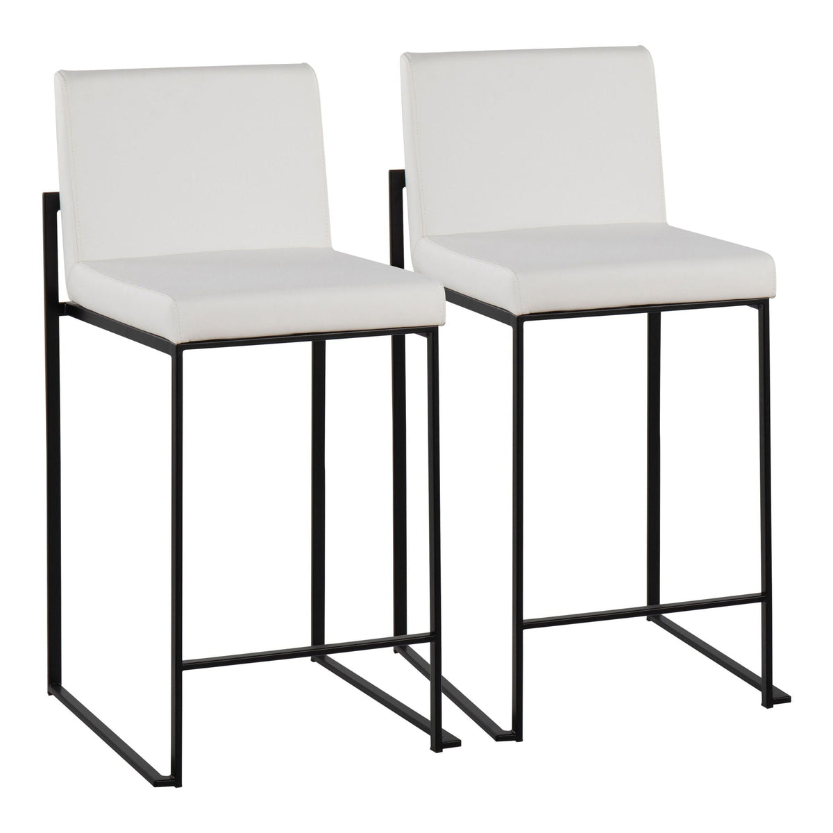 Fuji high-back counter stools, white faux leather cushions with black metal frame pair on Tampa Home & Garden Store