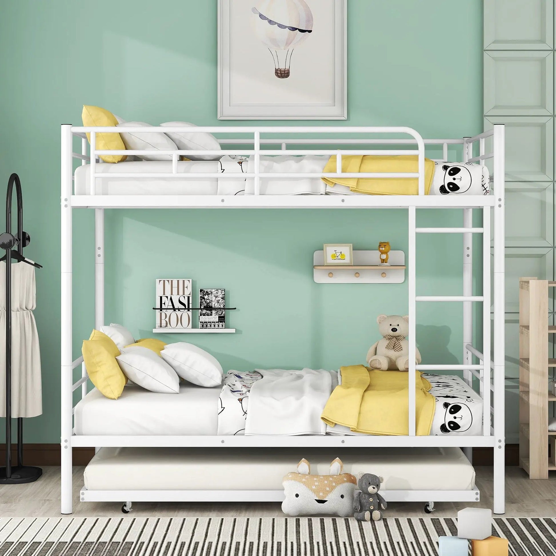 Steel Construction Bunk Bed white metal frame with panda-print bedding in mint-green room on Tampa Home & Garden Store