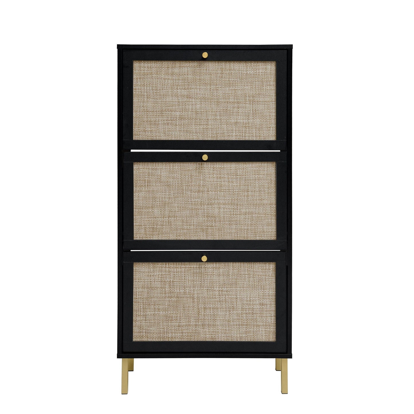 HouseOfZazla black modern shoe cabinet with 3 rattan-front doors and gold knobs on Tampa Home & Garden Store