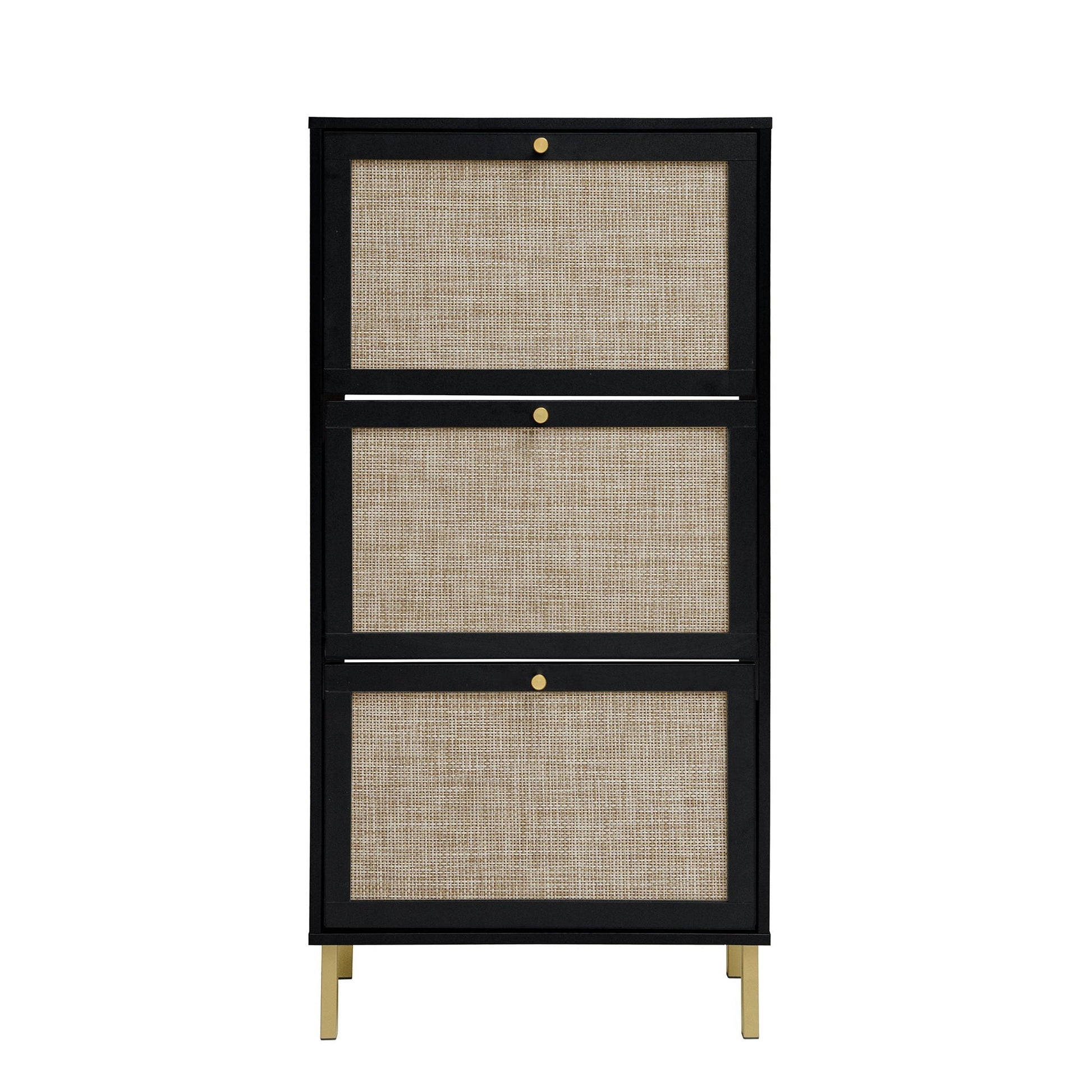 HouseOfZazla black modern shoe cabinet with 3 rattan-front doors and gold knobs on Tampa Home & Garden Store