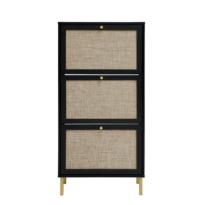 HouseOfZazla black modern shoe cabinet with 3 rattan-front doors and gold knobs on Tampa Home & Garden Store