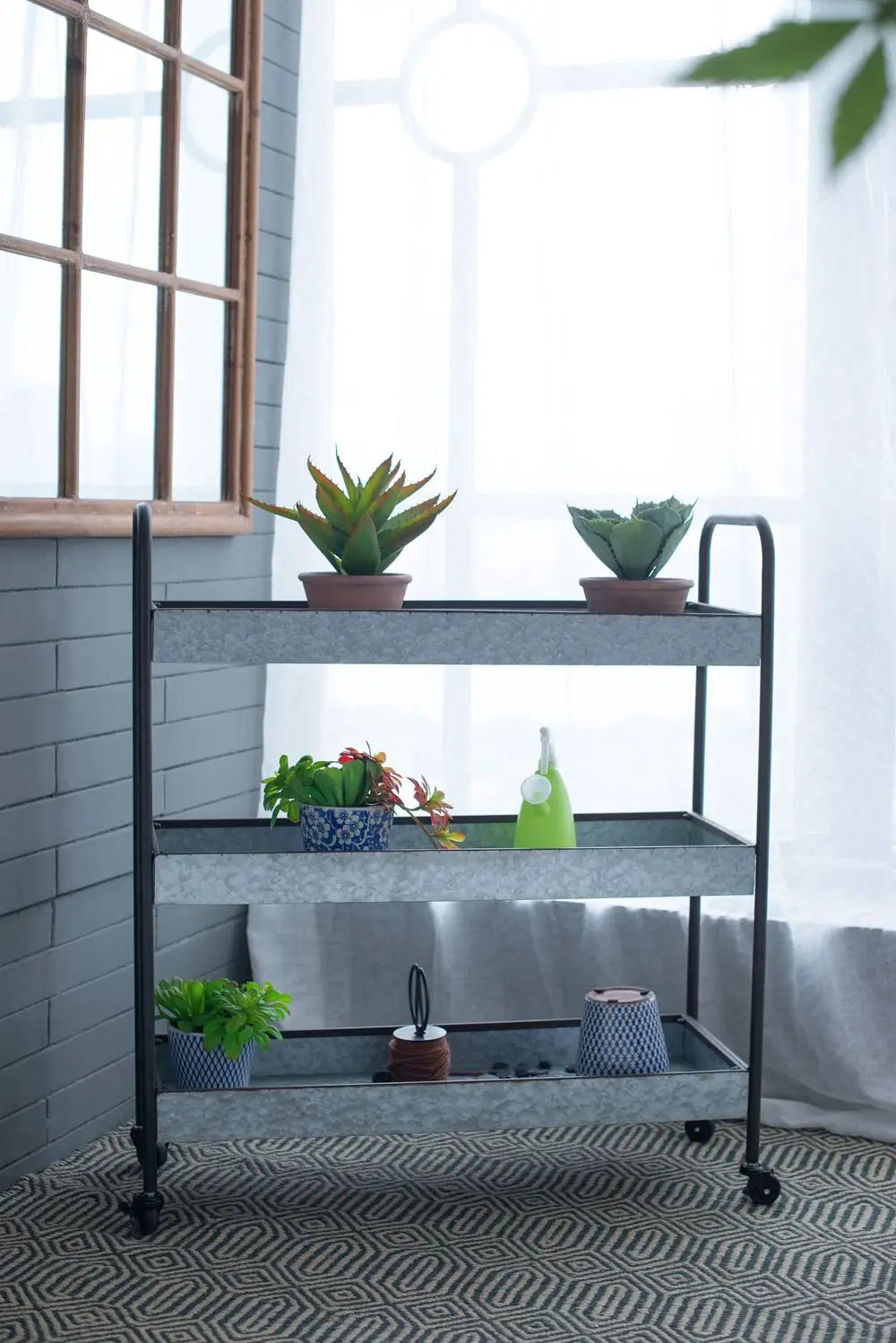 Homestead 3-tier galvanized etagere in metallic gray with black frame on wheels on Tampa Home & Garden Store