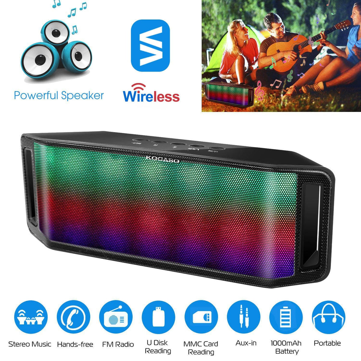 KOCASO LED Wireless Speaker portable with multicolor LED panel GemGear USB FM Aux in on Tampa Home & Garden Store