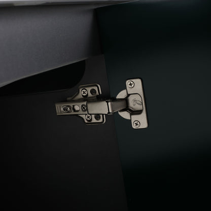 Freestanding bath vanity interior showing metal door hinge hardware in dark finish on Tampa Home & Garden Store