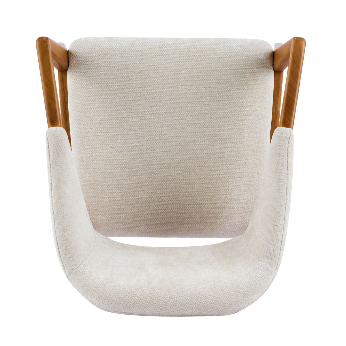 Indoor upholstered dining armchairs set of 2 in beige fabric with teak wood arms on Tampa Home & Garden Store