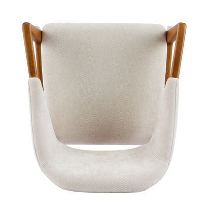 Indoor upholstered dining armchairs set of 2 in beige fabric with teak wood arms on Tampa Home & Garden Store