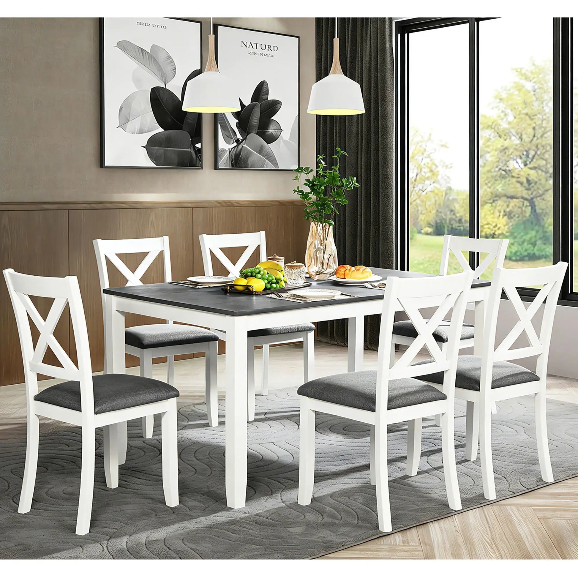 Rectangular kitchen dining set with white table, 6 white X-back chairs with gray cushions on Tampa Home & Garden Store