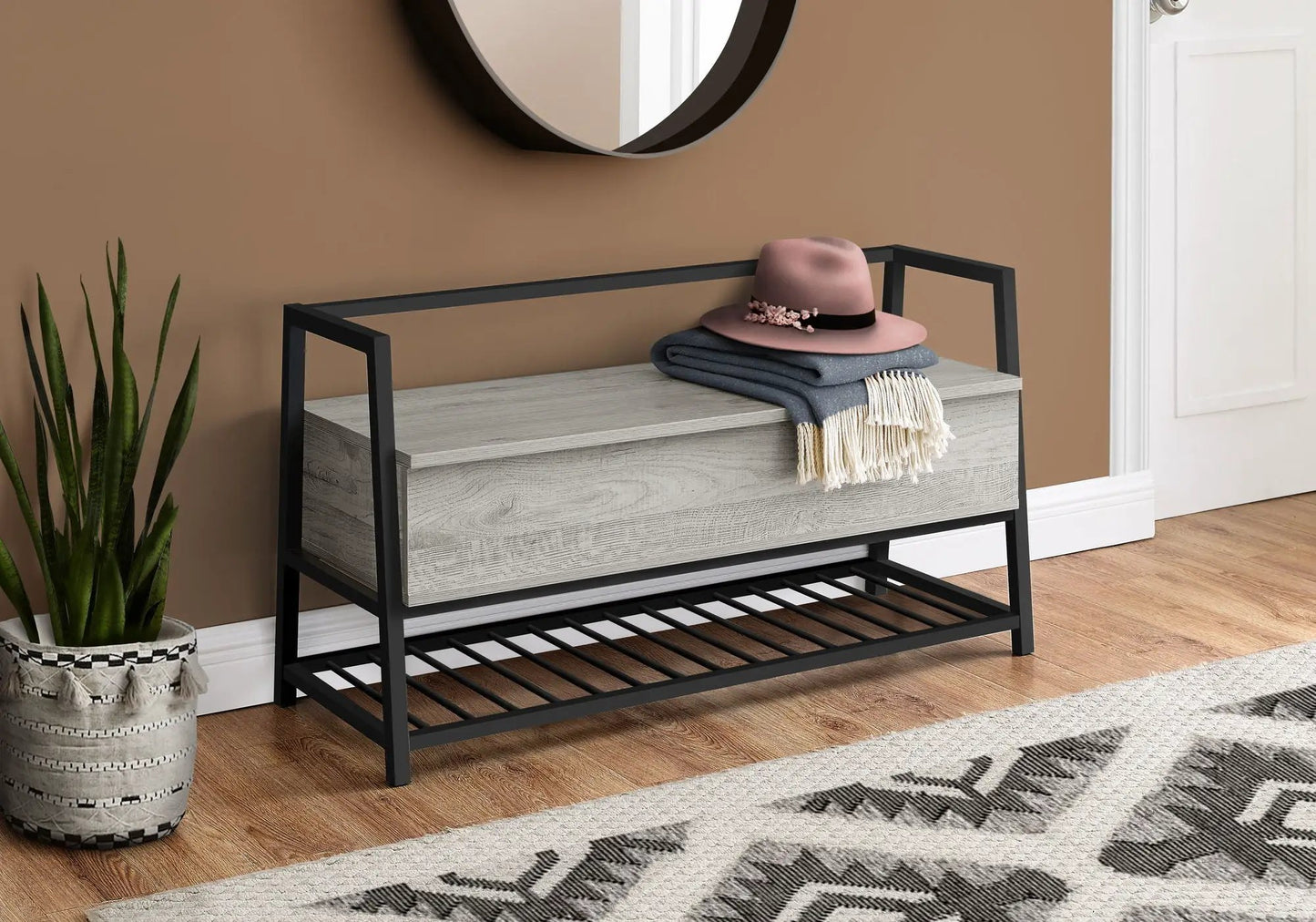 Rectangular storage bench with black metal frame and light gray drawer on Tampa Home & Garden Store