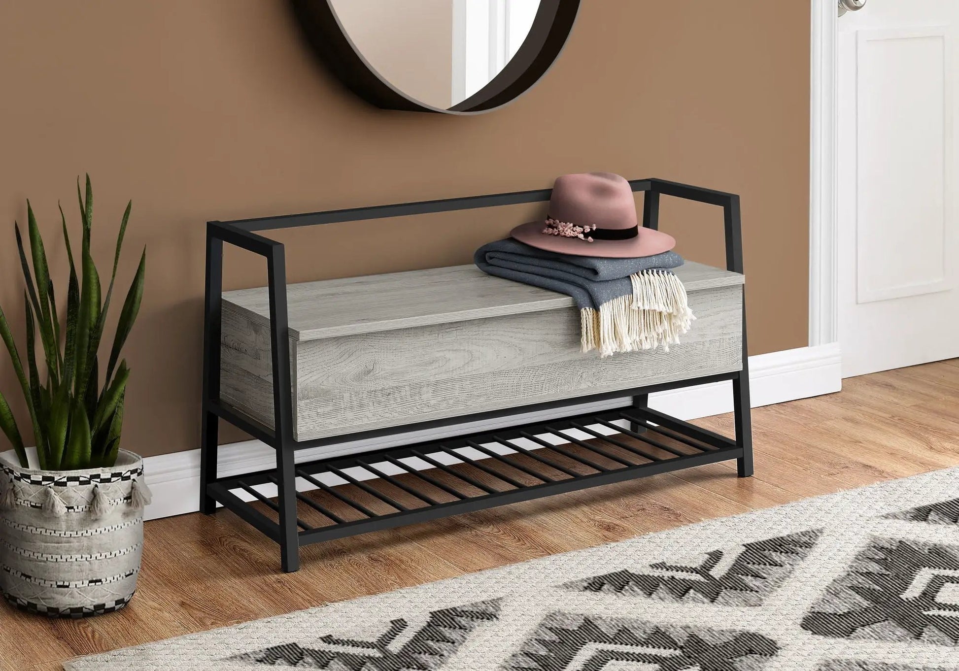 Rectangular storage bench with black metal frame and light gray drawer on Tampa Home & Garden Store