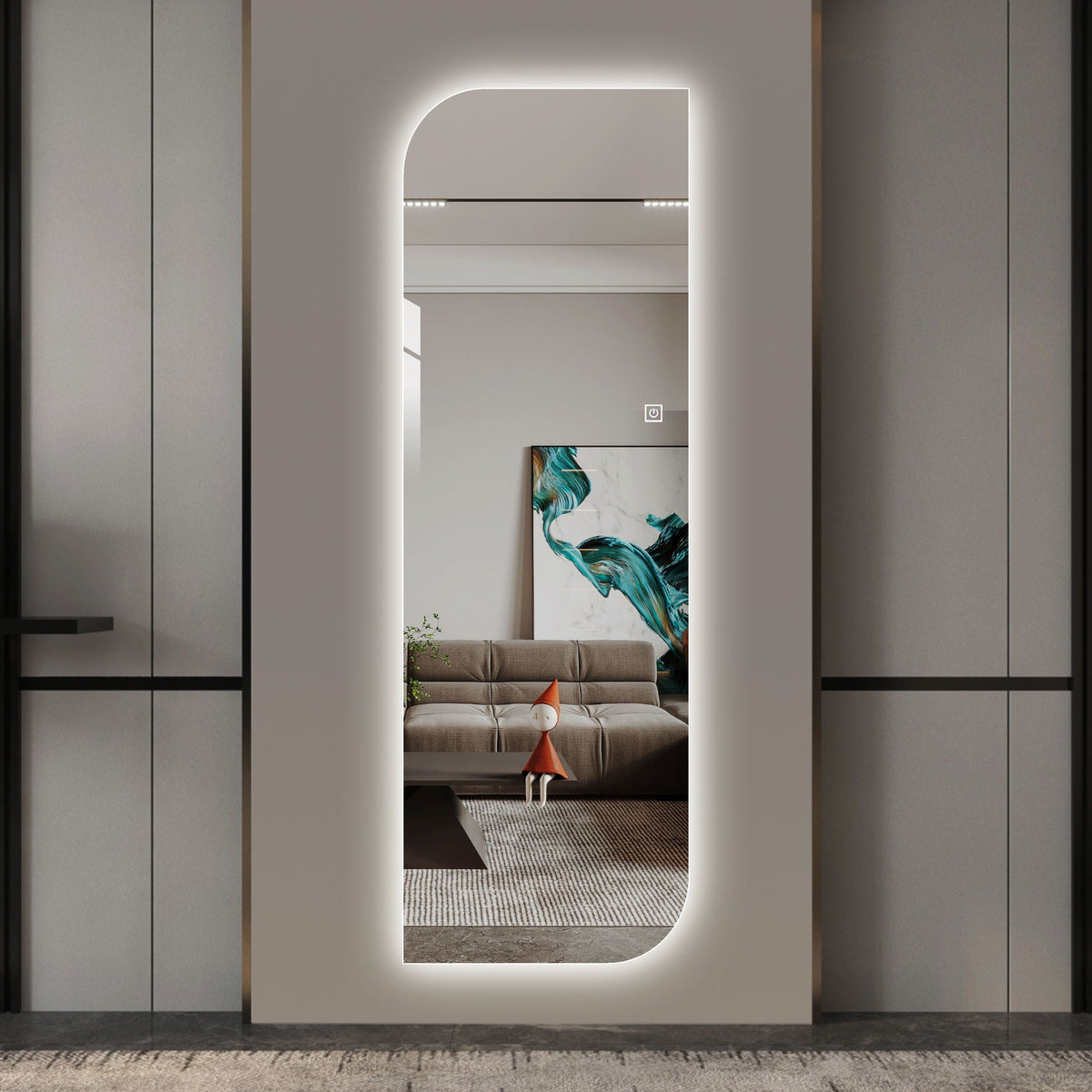 HouseOfZazla irregular shape LED full-length wall mirror in silver with 3-color dimmable lighting on Tampa Home & Garden Store
