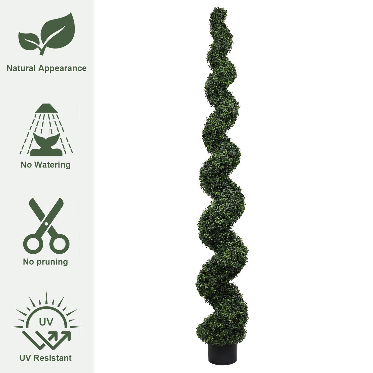 Spiral faux topiary plant in a black pot with lush green leaves HouseOfZazla on Tampa Home & Garden Store