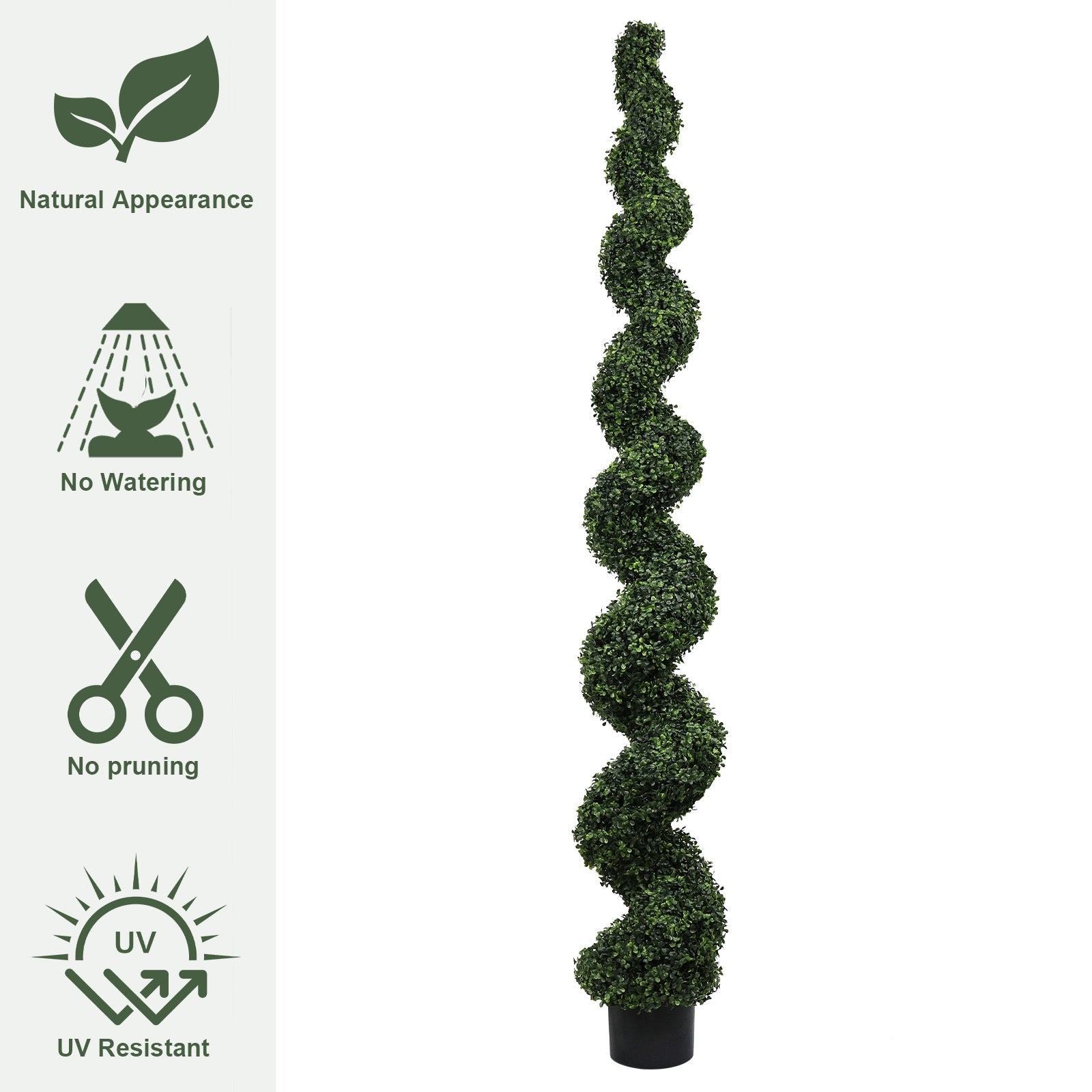 Spiral faux topiary plant in a black pot with lush green leaves HouseOfZazla on Tampa Home & Garden Store