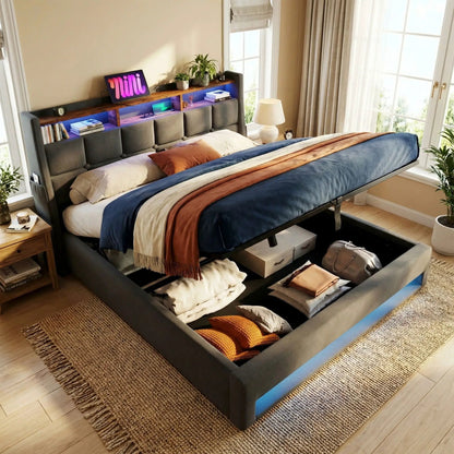Upholstered Platform Bed With Storage USB LED