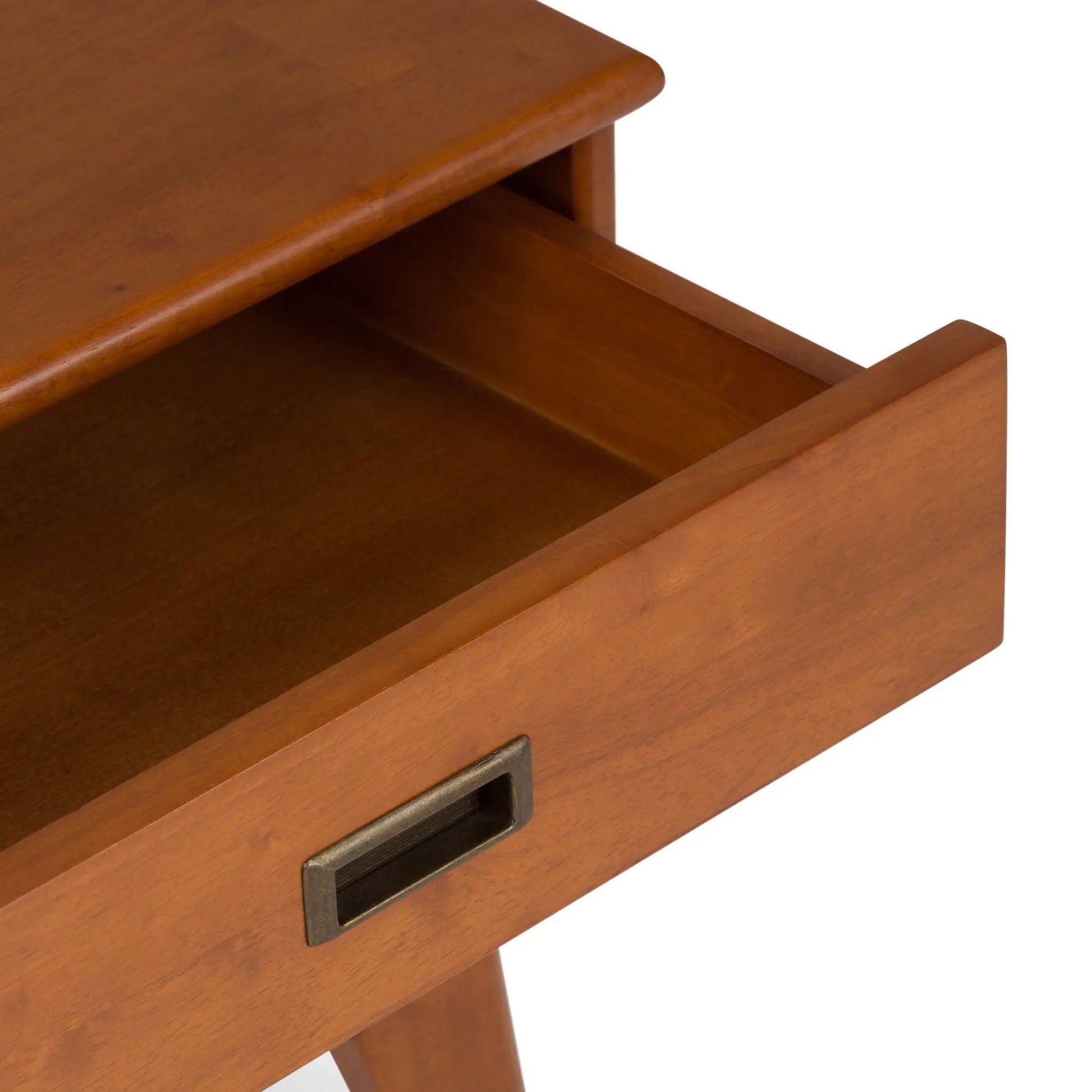 Draper Handcrafted Mid Century End Table in warm cherry wood with a metal drawer pull on Tampa Home & Garden Store
