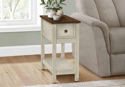 Accent end table, narrow 2-tier with dark wood top and lightwashed base, single drawer on Tampa Home & Garden Store