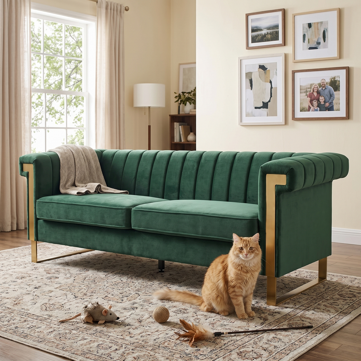 FX-P81B-RG 834-14 velvet sofa by HouseOfZazla in emerald green with gold accents on Tampa Home & Garden Store