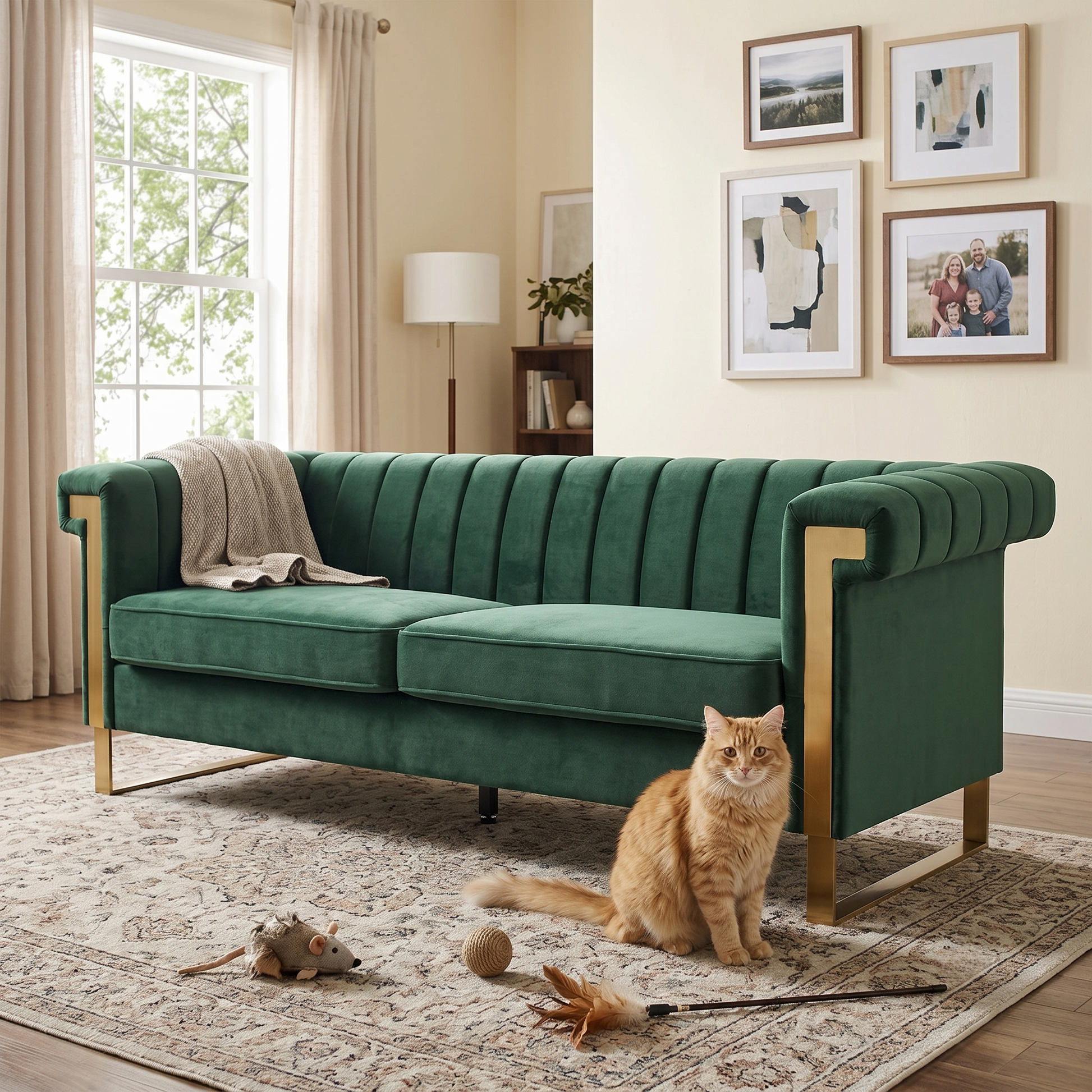 FX-P81B-RG 834-14 velvet sofa by HouseOfZazla in emerald green with gold accents on Tampa Home & Garden Store