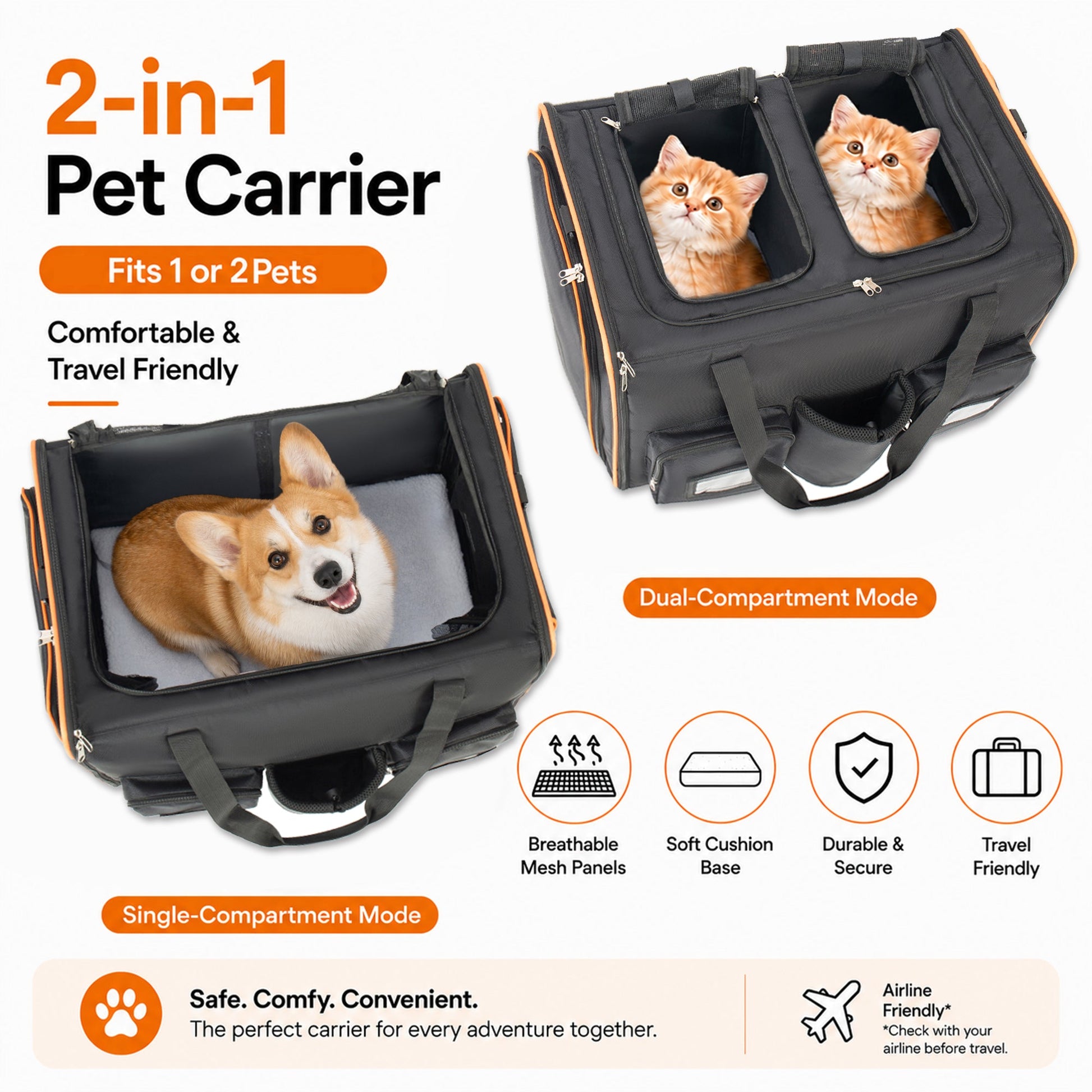 HouseOfZazla 2-in-1 cat carrier stroller for two cats, black with orange trim on Tampa Home & Garden Store