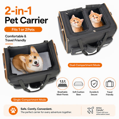HouseOfZazla 2-in-1 cat carrier stroller for two cats, black with orange trim on Tampa Home & Garden Store