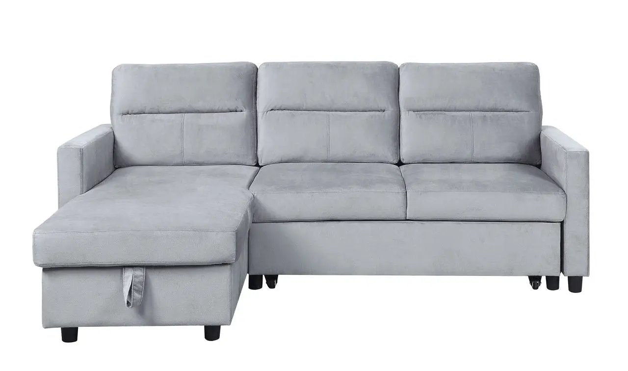 Ruby reversible sleeper sectional sofa with storage chaise in light gray fabric on Tampa Home & Garden Store