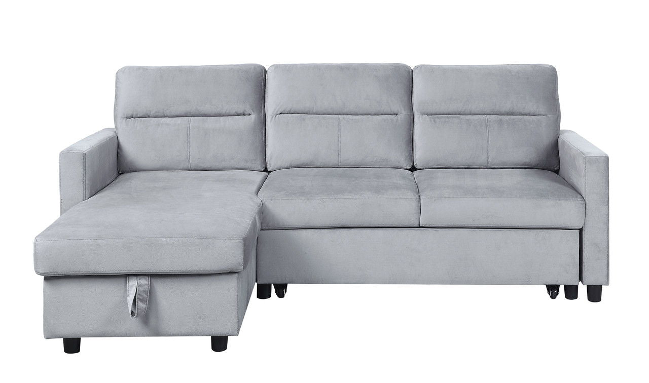Ruby reversible sleeper sectional sofa with storage chaise and side pocket in light gray fabric on Tampa Home & Garden Store