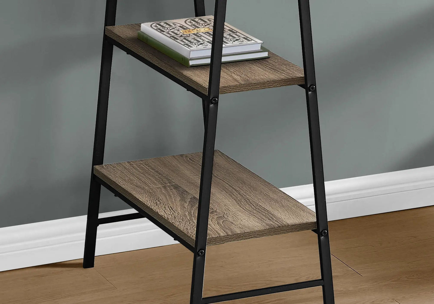 Computer desk with three-tier storage shelves, industrial black metal frame and woodgrain shelves on Tampa Home & Garden Store