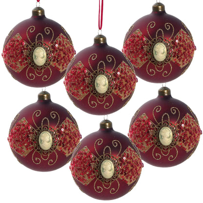 Decorative Hanging Ball Christmas Ornaments set of 6 in burgundy with gold glitter medallions on Tampa Home & Garden Store
