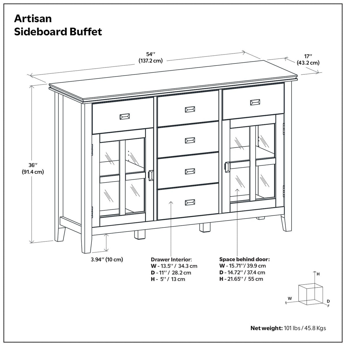 Artisan rustic brown sideboard buffet with tempered glass doors, 54 in wide, by HouseOfZazla on Tampa Home & Garden Store