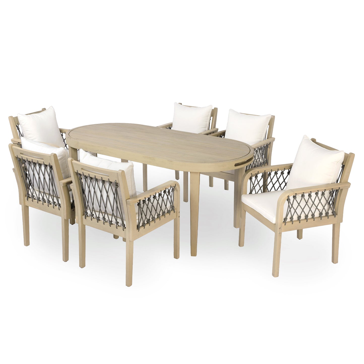 7-Piece Outdoor Acacia Wood Dining Set with round table and cushioned chairs by HouseOfZazla on Tampa Home & Garden Store