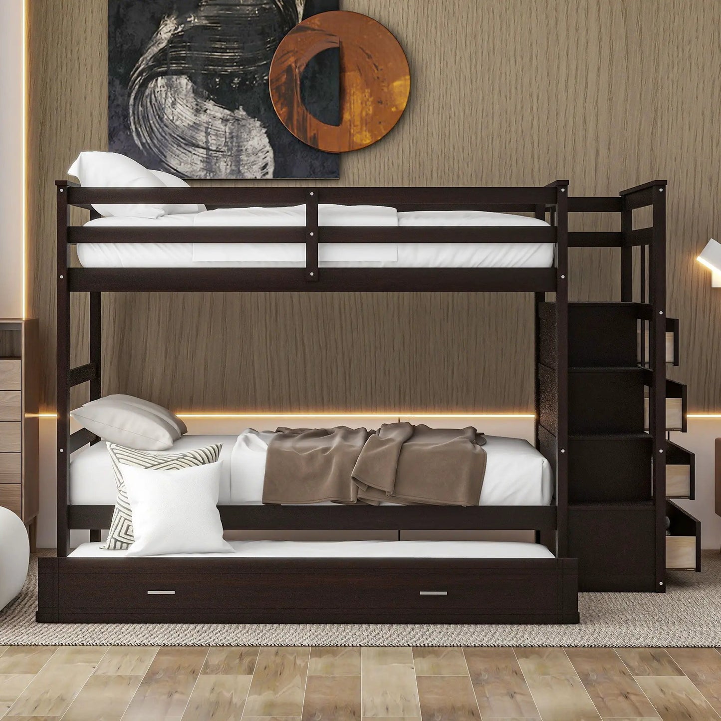 Bunk Bed With Trundle and Staircase Space Saving