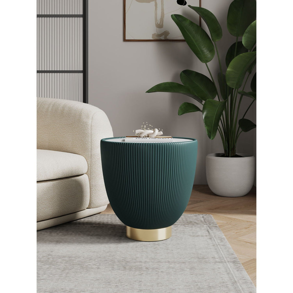 Upholstered teal end table with vertical ribbing, white sintered stone top, gold base on Tampa Home & Garden Store
