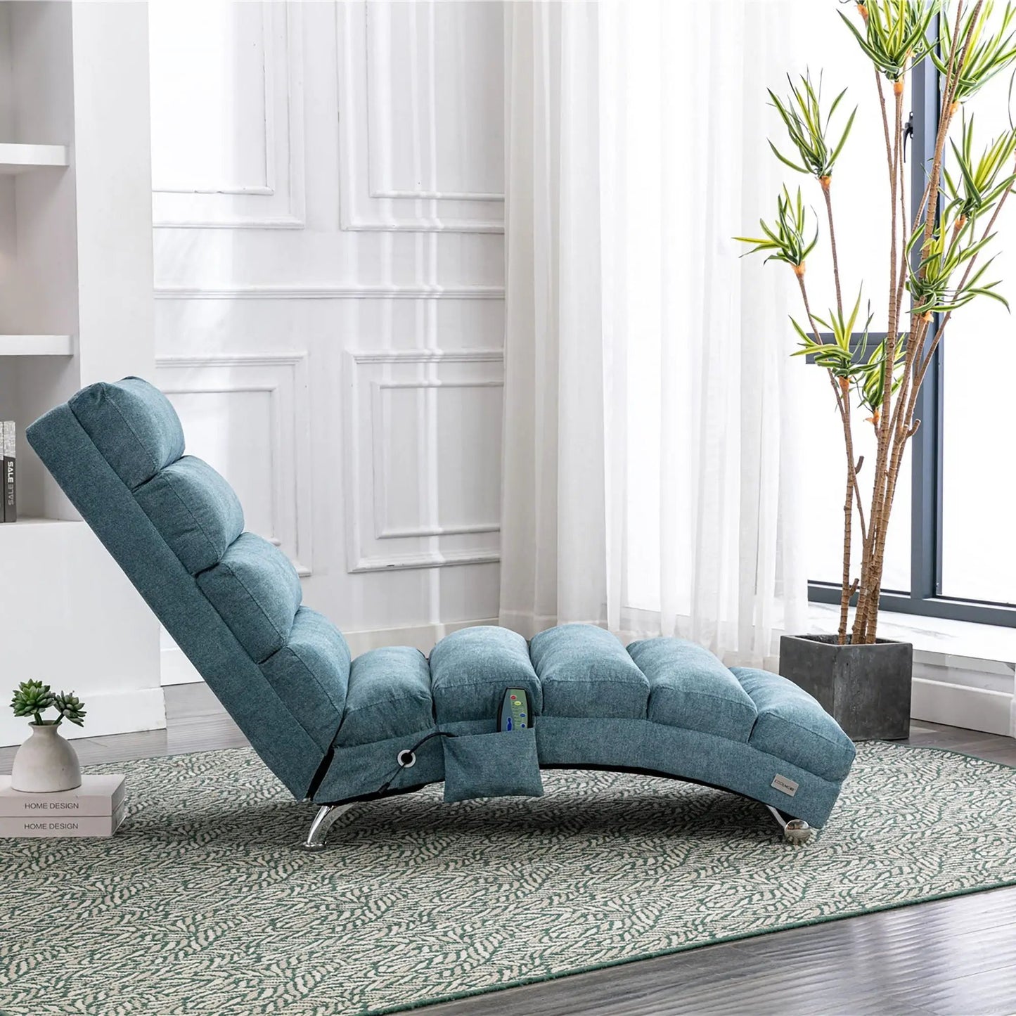 Massage chaise lounge with blue upholstery and remote control, Unique Piece Furniture on Tampa Home & Garden Store