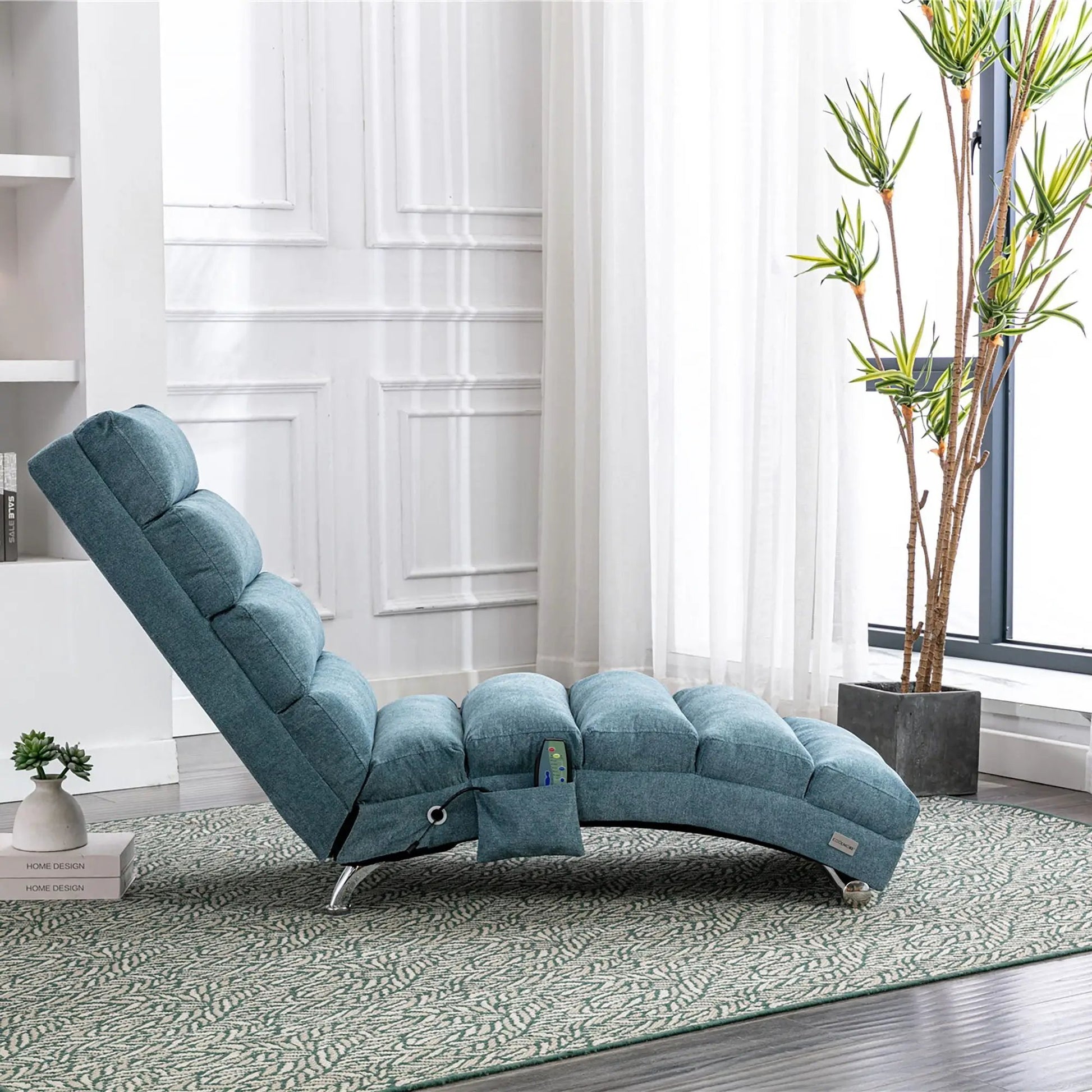 Massage chaise lounge with blue upholstery and remote control, Unique Piece Furniture on Tampa Home & Garden Store