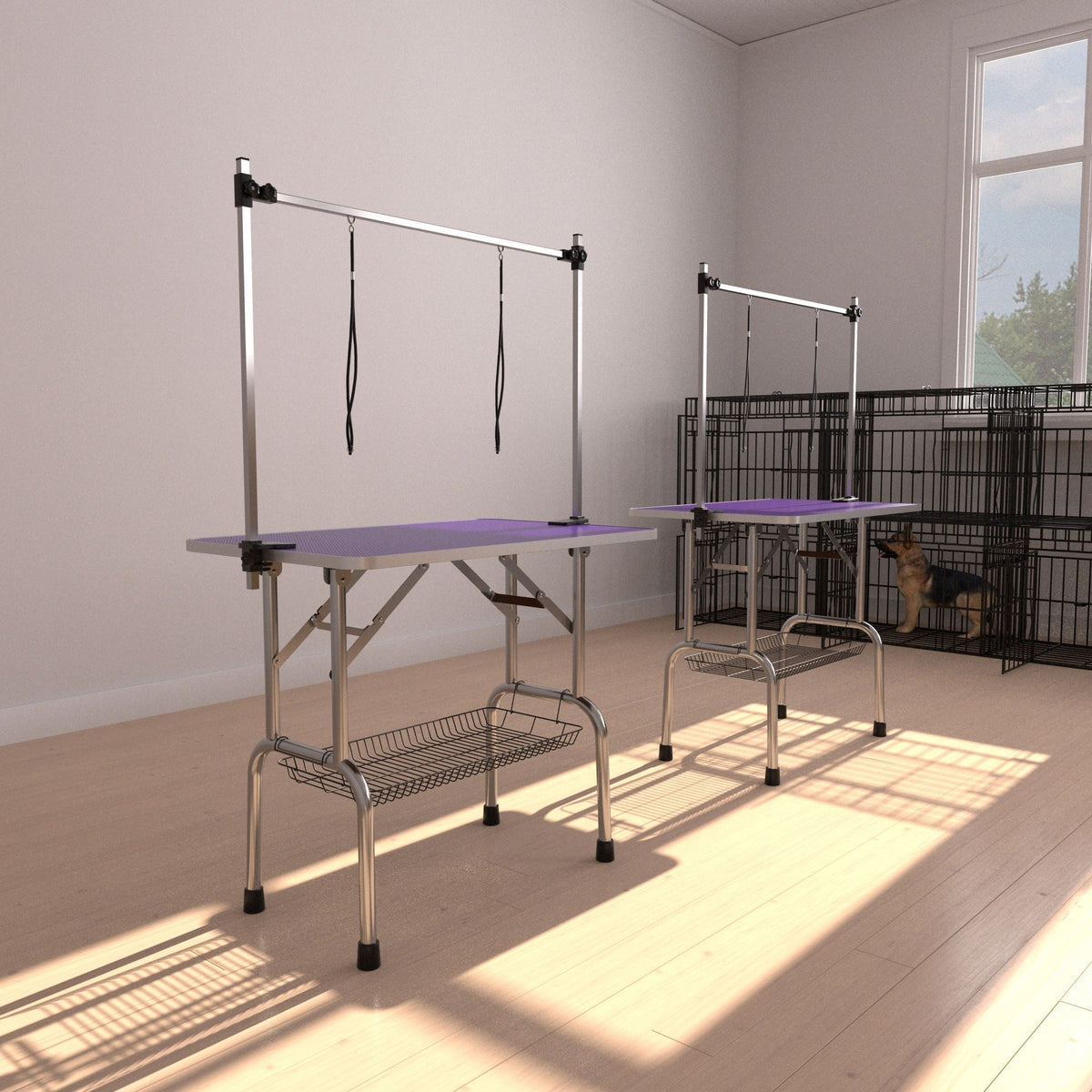 Two folding grooming tables with stainless steel frame and purple mats, adjustable arms on Tampa Home & Garden Store