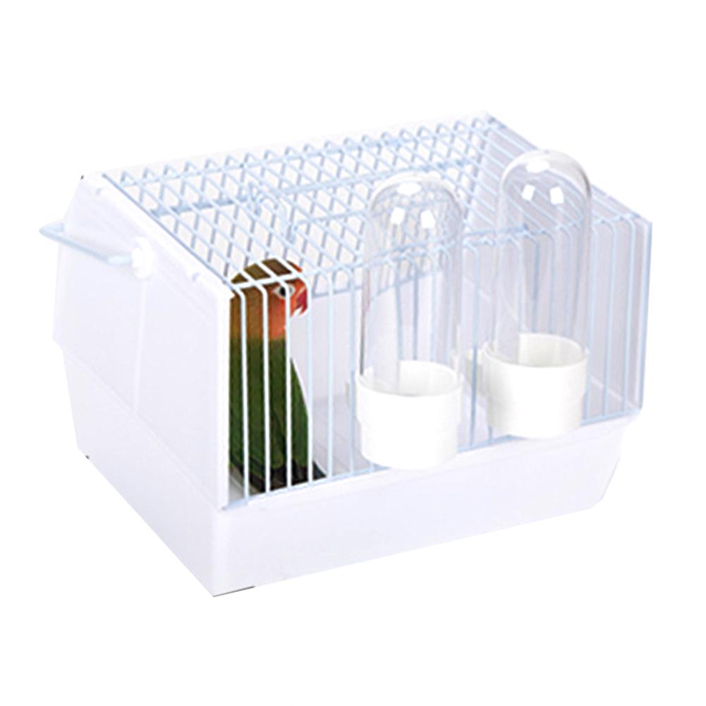 Bird cage with white base and metal bars, green parrot inside, two white feeding cups on Tampa Home & Garden Store