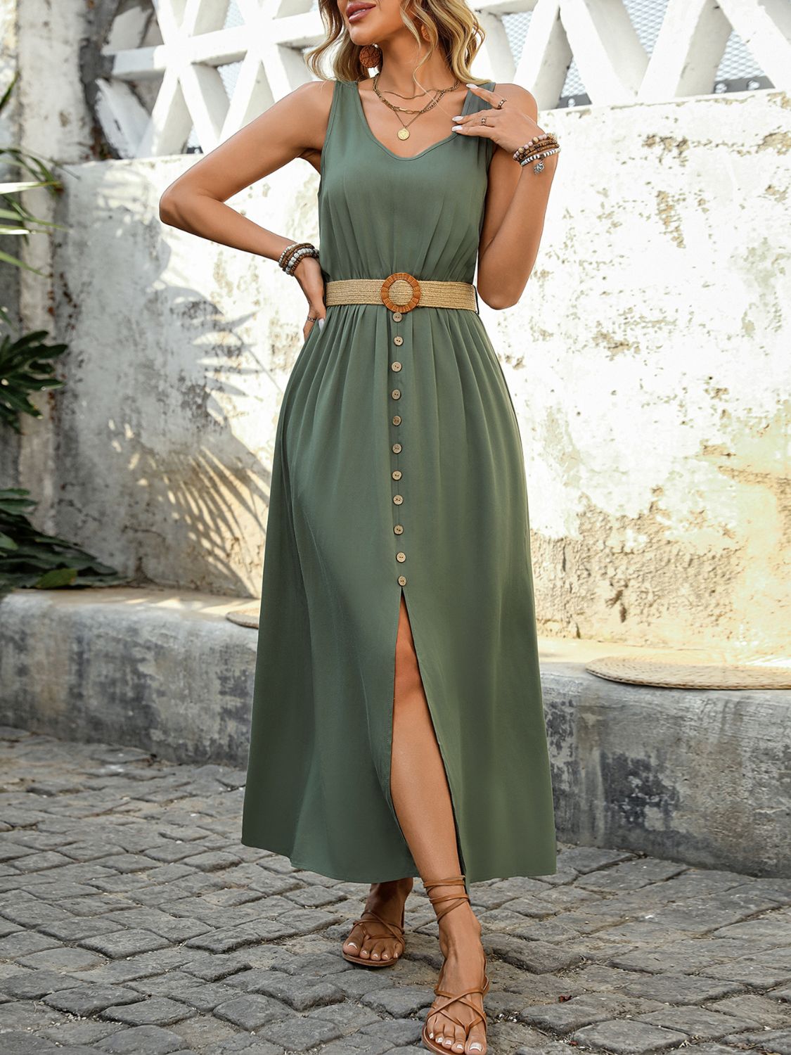 Decorative button sleeveless midi dress by Stevvex in sage green with woven belt and placket on Tampa Home & Garden Store