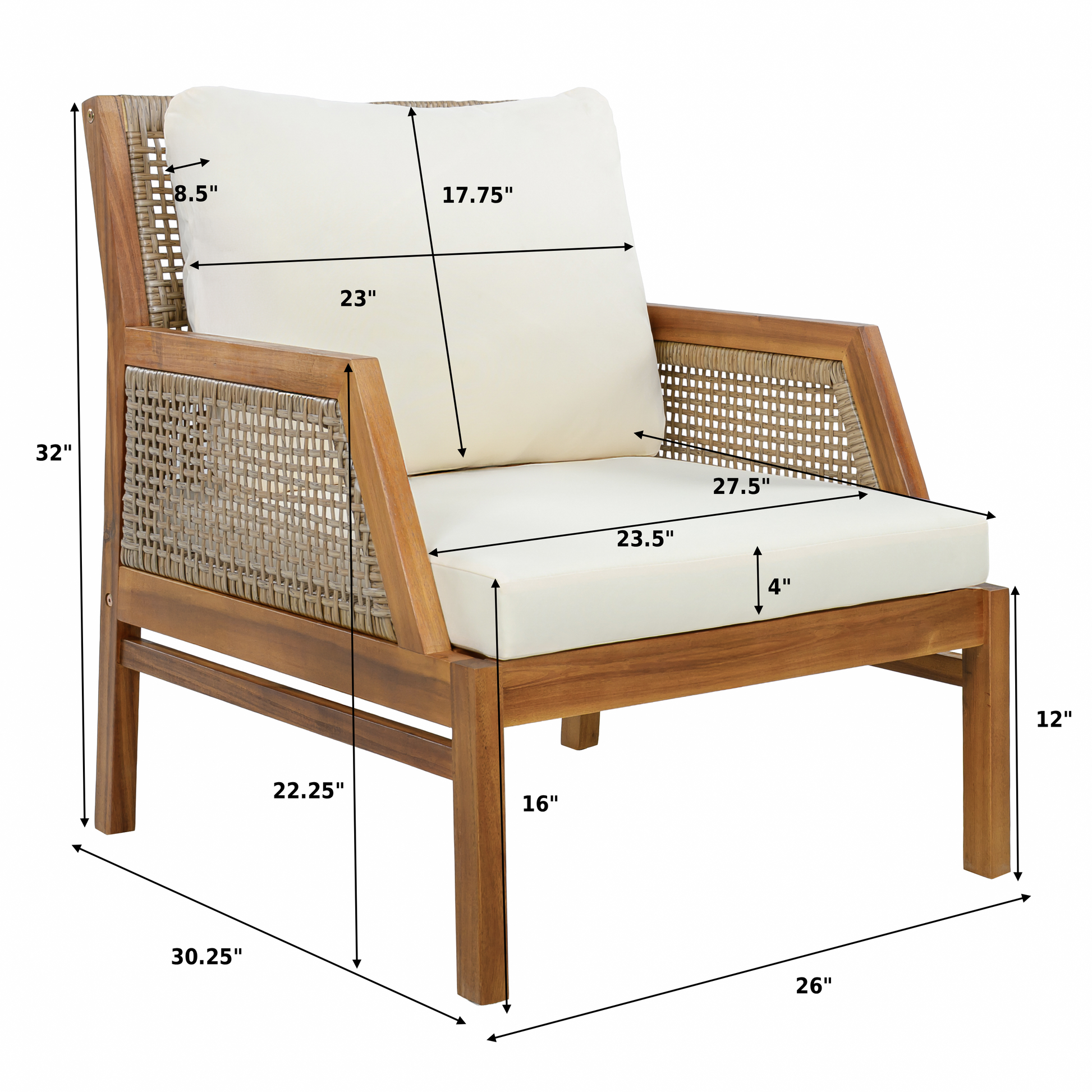 Acacia wood patio club chair with outdoor wicker and cream cushions HouseOfZazla on Tampa Home & Garden Store