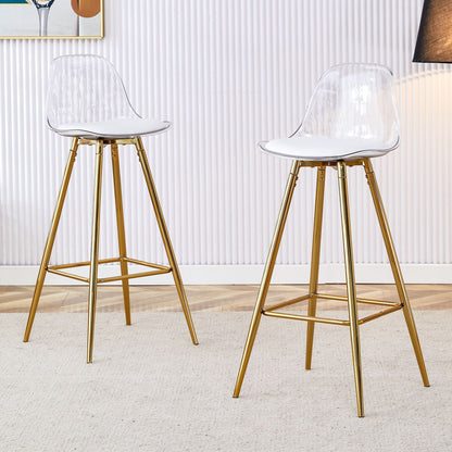 Two stylish upholstered bar chairs with clear shells, white cushions, and gold metal legs on Tampa Home & Garden Store
