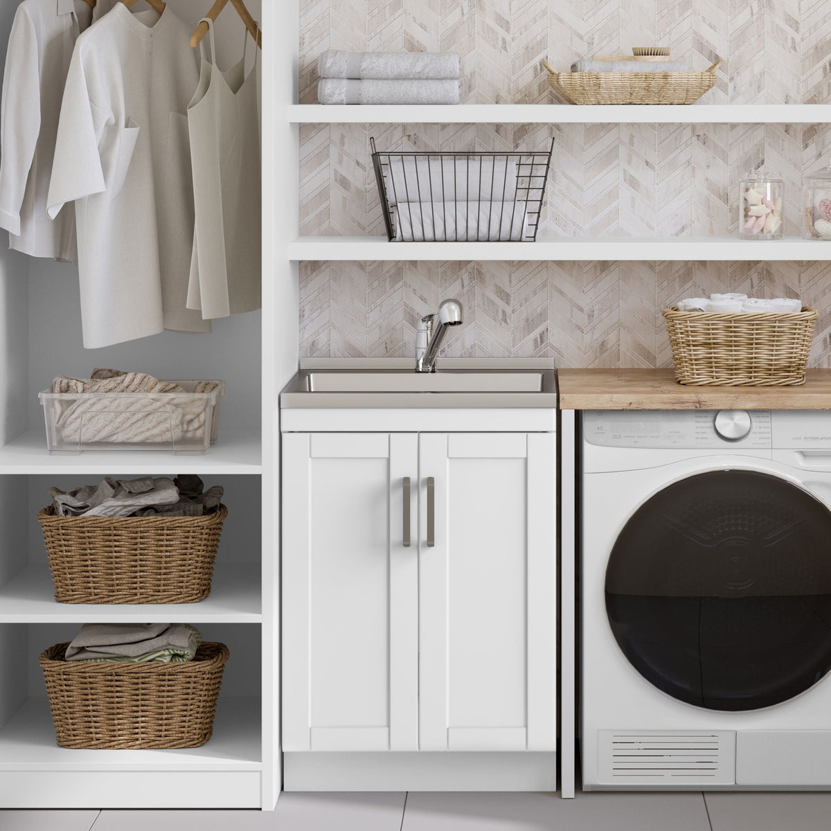White laundry cabinet with stainless steel sink by HouseOfZazla, chrome faucet and towels on Tampa Home & Garden Store