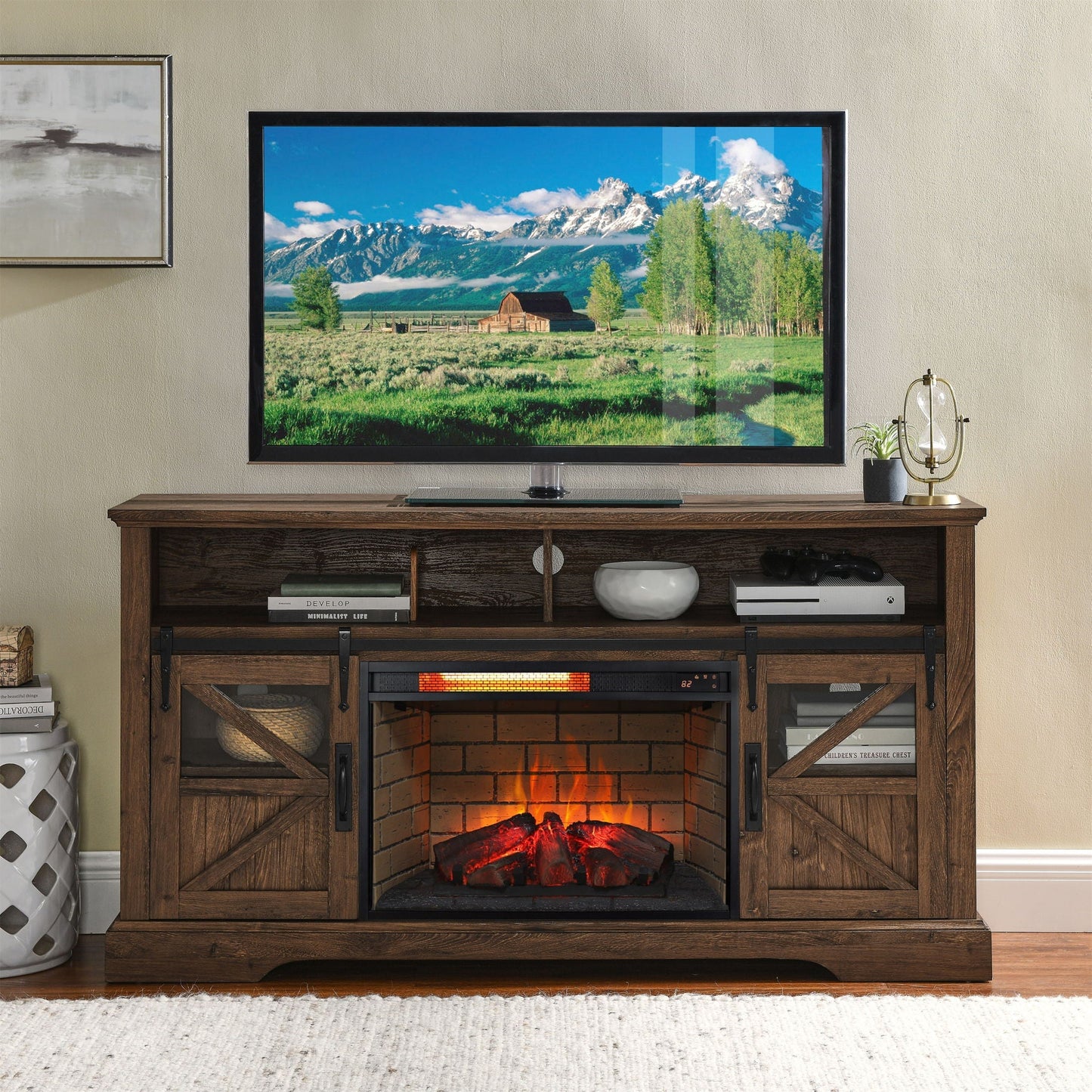 Infrared quartz heater fireplace insert woodlog version with brick interior on rustic wood mantel on Tampa Home & Garden Store