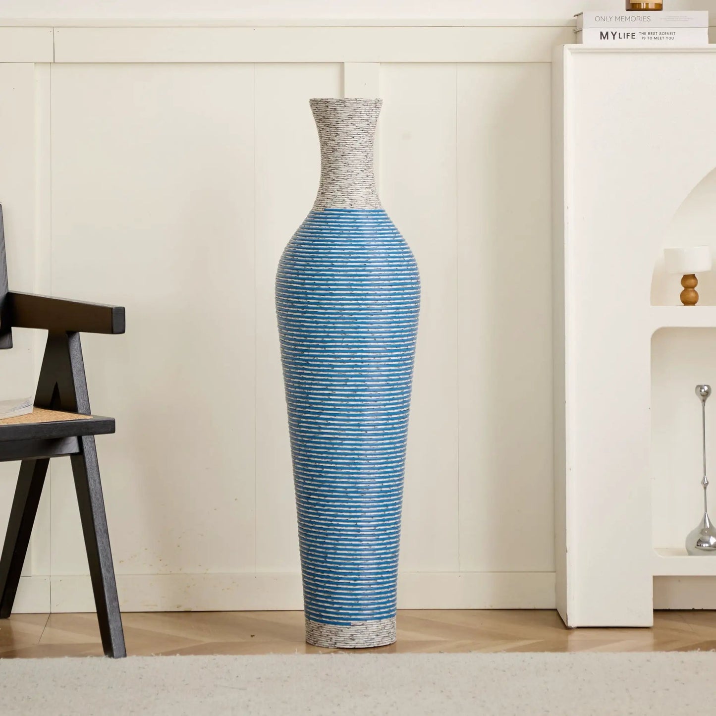 Classic floor vase set of 3, tall blue-striped ceramic with beige woven neck on Tampa Home & Garden Store