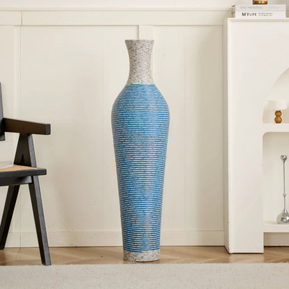 Classic floor vase set of 3, tall blue-striped ceramic with beige woven neck on Tampa Home & Garden Store