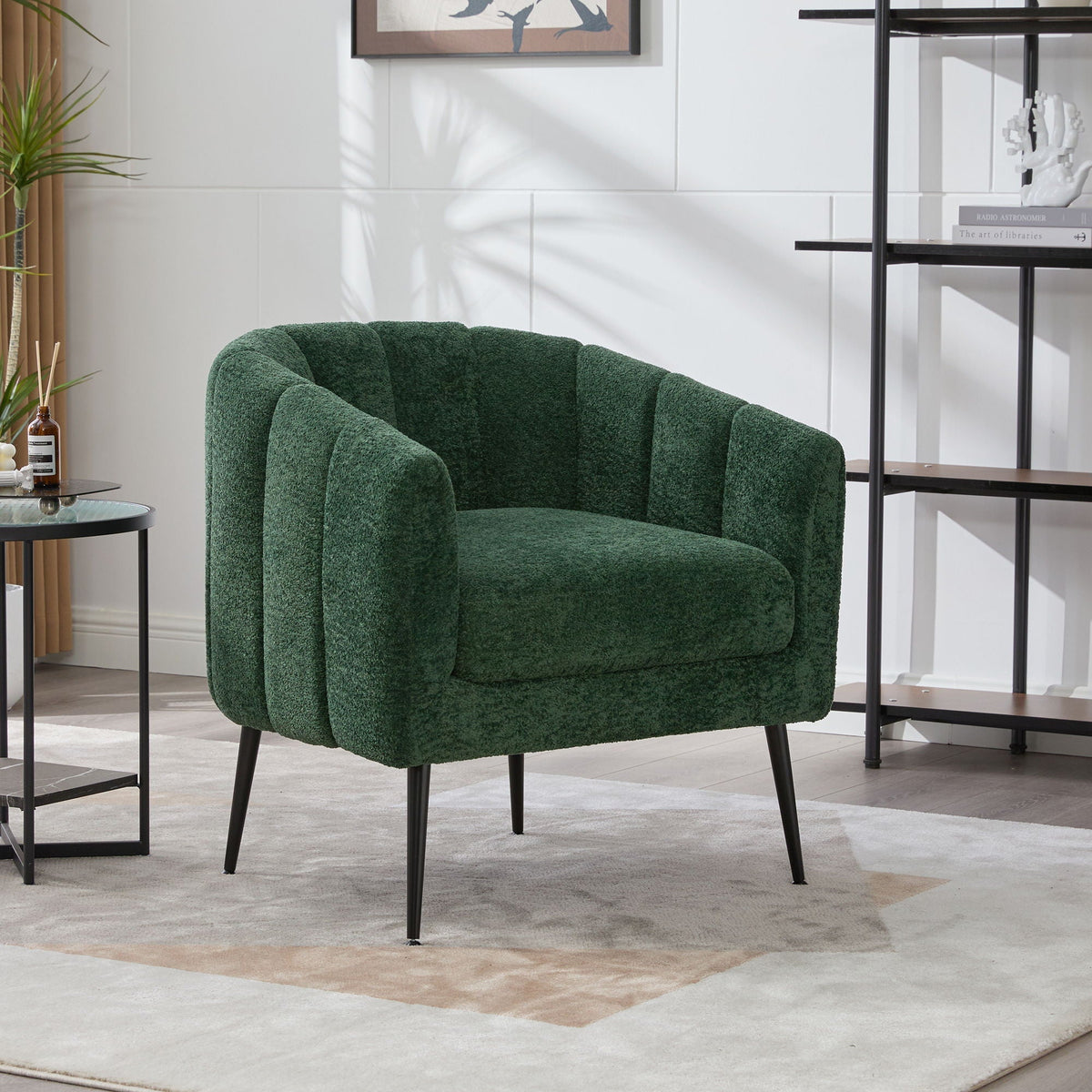Vanity Barrel Accent Lounge Chair in dark green velvet with black metal legs on Tampa Home & Garden Store