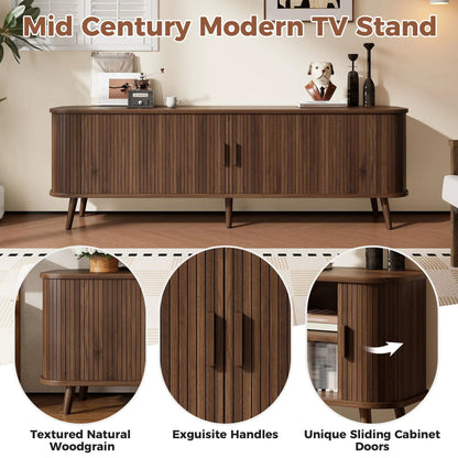 70in TV stand dark brown textured woodgrain with vertical slats and mid-century legs on Tampa Home & Garden Store