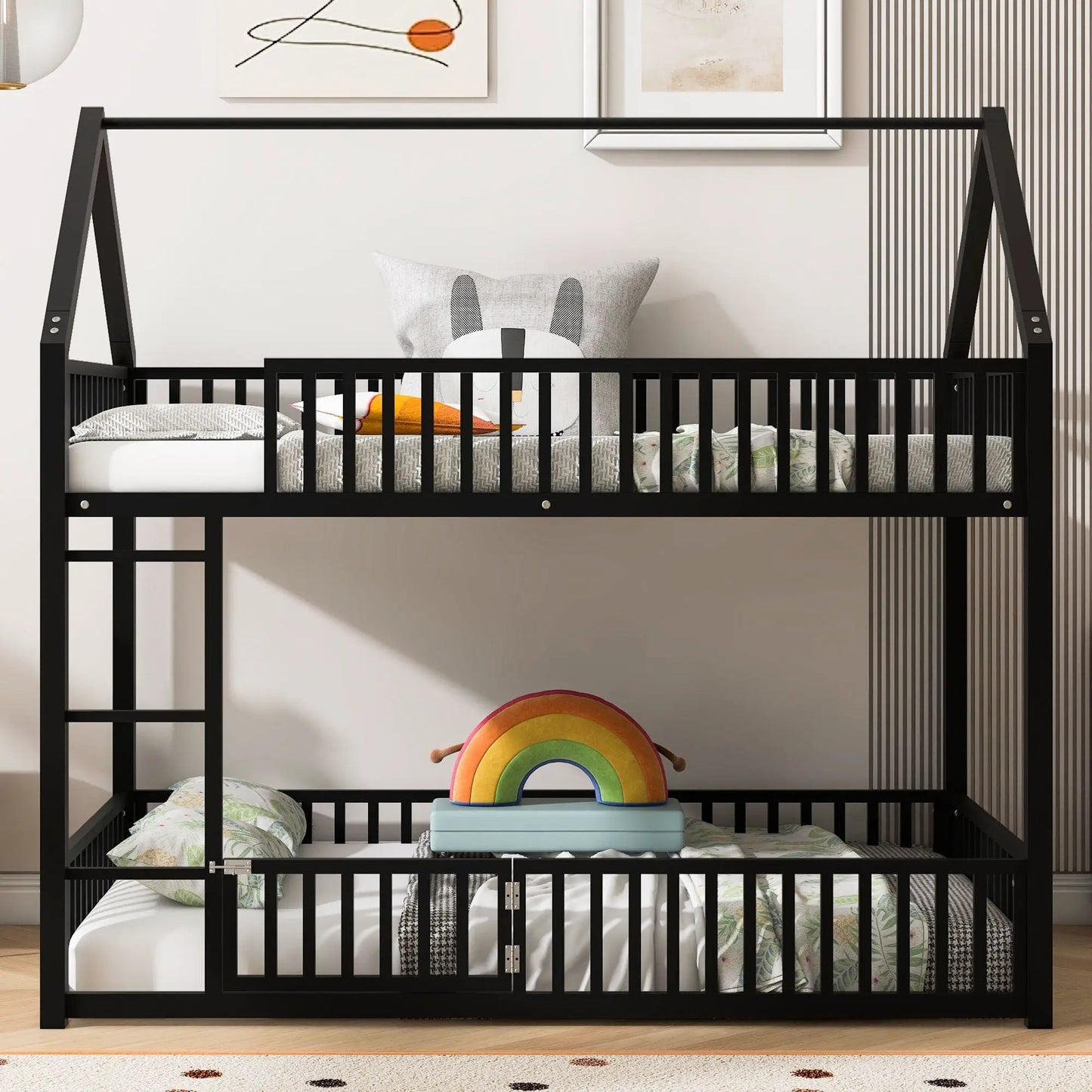 Metal House Bunk Bed with Fence and Door