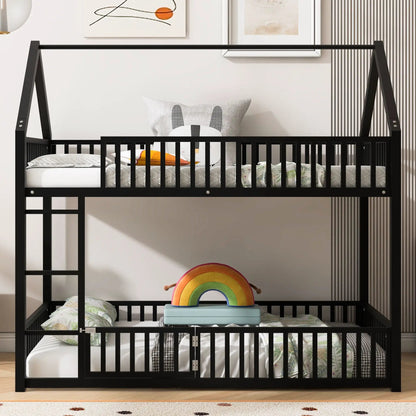Metal House Bunk Bed with Fence and Door