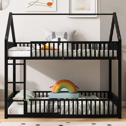 Black metal bunk bed with fence-style guard rails, left ladder, and door panel on bottom bunk on Tampa Home & Garden Store