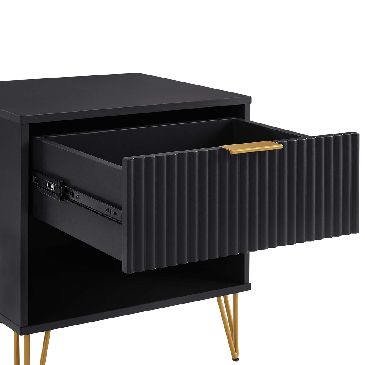 Modern black nightstand with fluted drawer front, gold metal handle, gold hairpin legs on Tampa Home & Garden Store