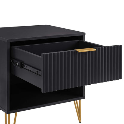 Modern black nightstand with fluted drawer front, gold metal handle, gold hairpin legs on Tampa Home & Garden Store