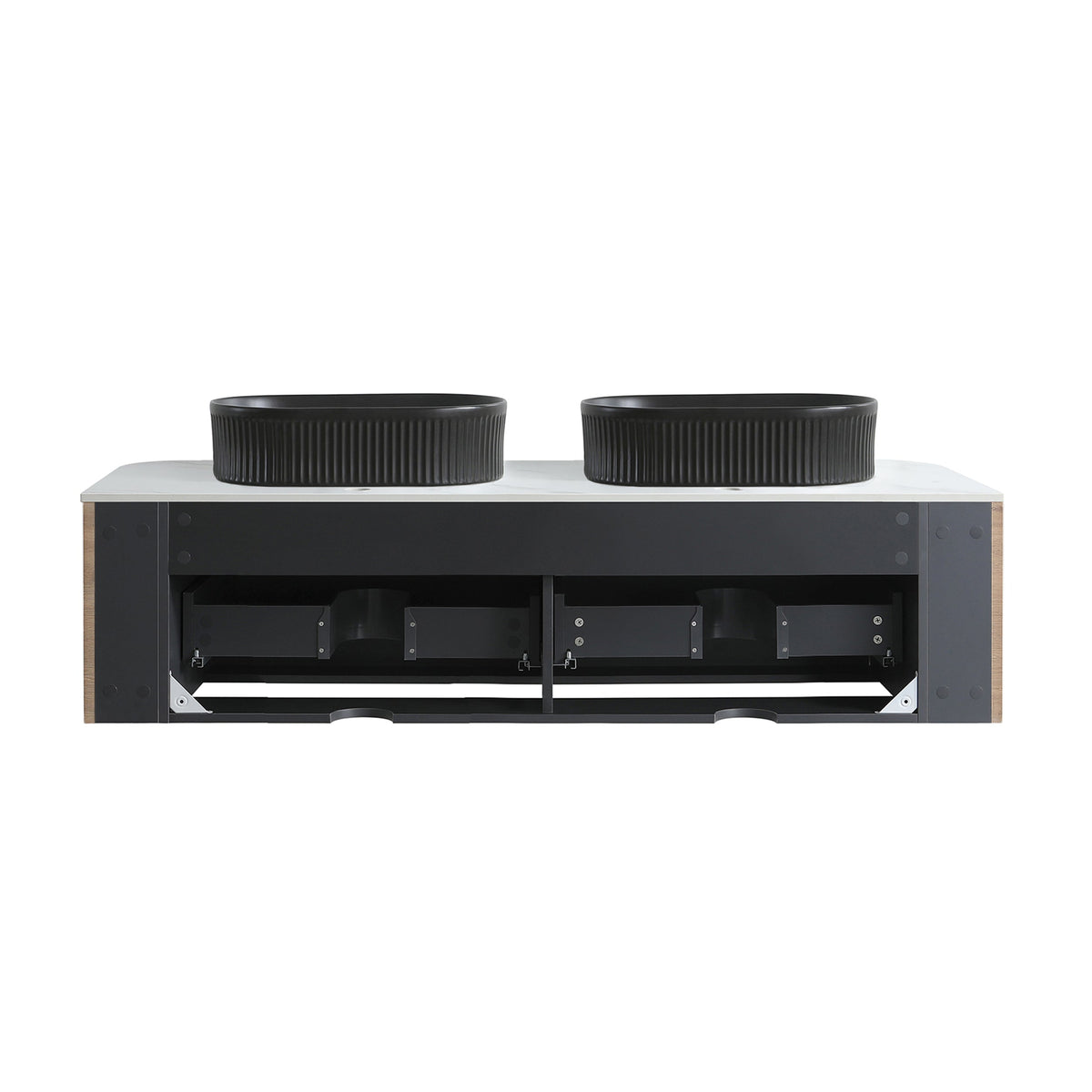 Erba 60 Inch Bathroom Vanity Sink in Honey Oak with dual black vessel sinks on white countertop on Tampa Home & Garden Store